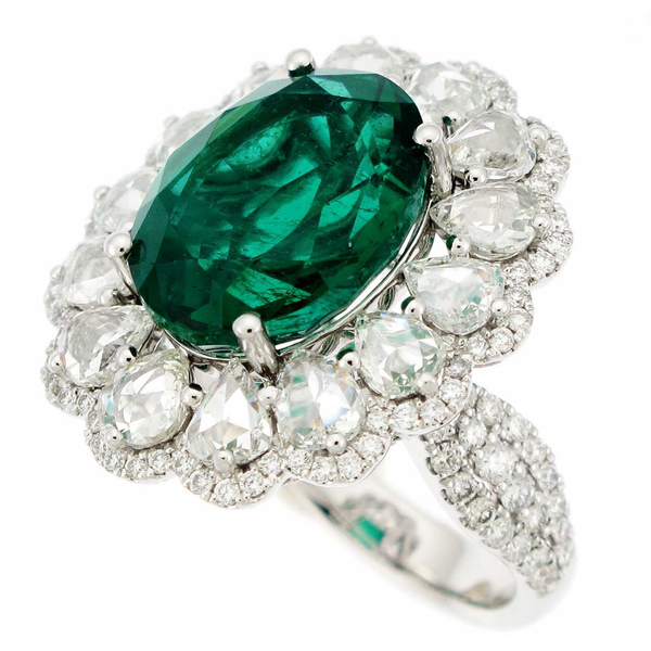 Platinum Emerald & Diamond Halo Ring Hildgund Honolulu, HI