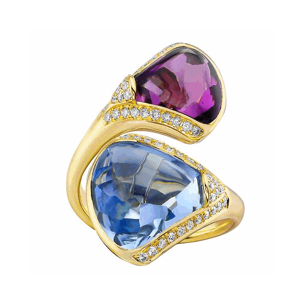 18K Yellow Gold Blue Topaz, Amethyst & Diamond Ring Hildgund Honolulu, HI