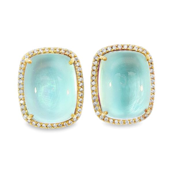14K Yellow Gold Blue Topaz & Mother-of-Pearl Earrings with Diamond Halo Hildgund Honolulu, HI