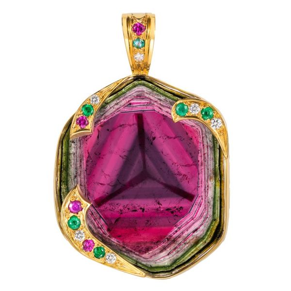 18K Yellow Gold Watermelon Tourmaline Pendant Hildgund Honolulu, HI
