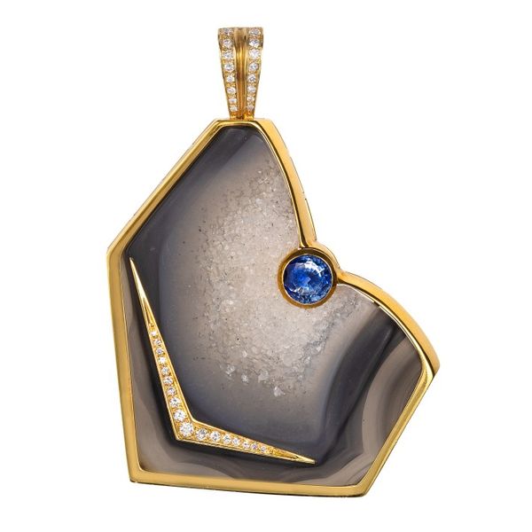 18K Yellow Gold Druzy Quartz & Sapphire Pendant Hildgund Honolulu, HI