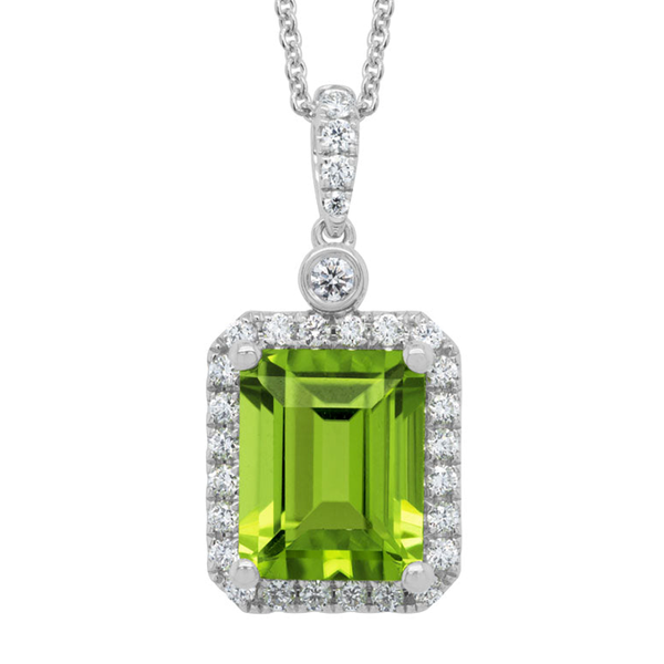 14K White Gold Peridot and Diamond Halo Pendant Hildgund Honolulu, HI