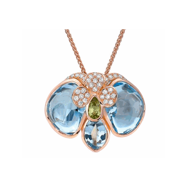 18K Rose Gold Blue Topaz and Peridot Orchid Pendant Hildgund Honolulu, HI