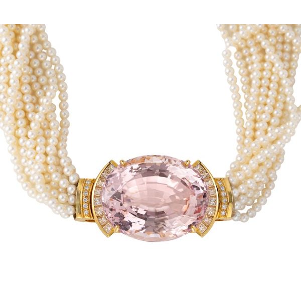 18K Yellow Gold Morganite Pearl Diamond Necklace Hildgund Honolulu, HI