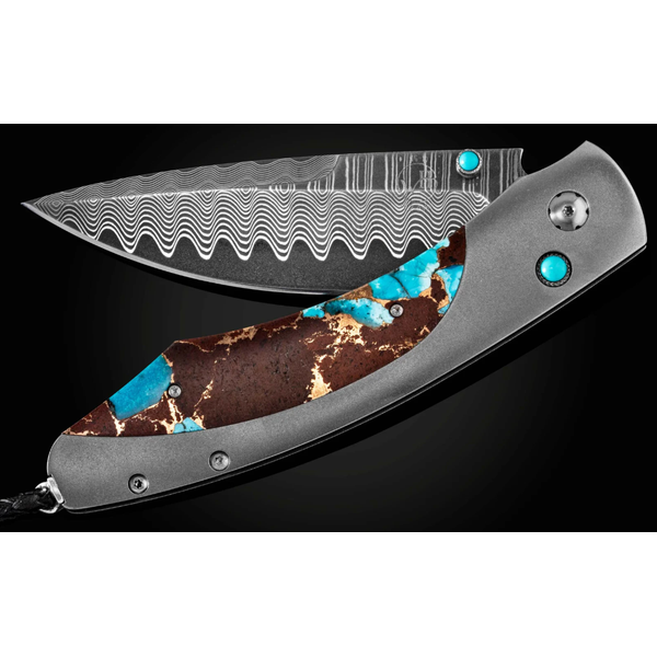 Spearpoint 'Desert Blues' Folding Knife — Damascus, Titanium, Turquoise & Lava Rock Hildgund Honolulu, HI