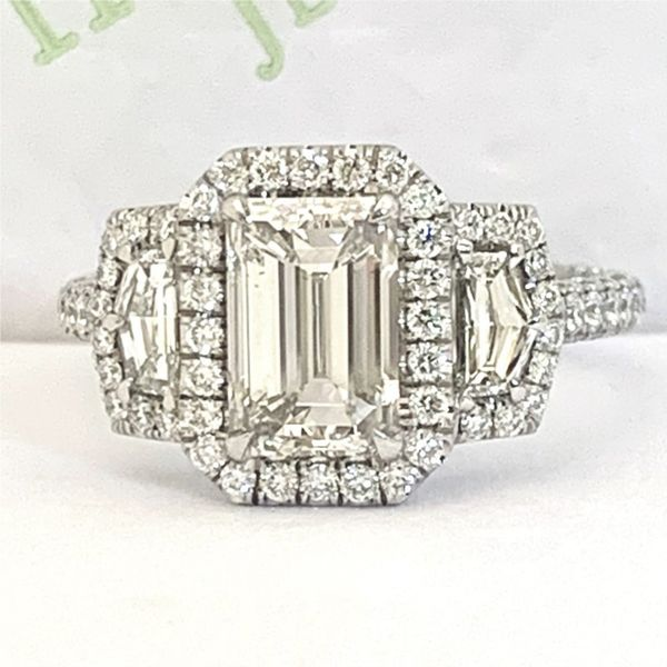 Emerald Cut Diamond Three-Stone Halo Ring Hingham Jewelers Hingham, MA