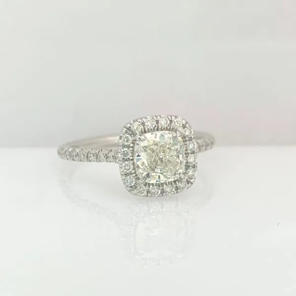 Cushion Halo Engagement Ring and Wedding Band Image 2 Hingham Jewelers Hingham, MA