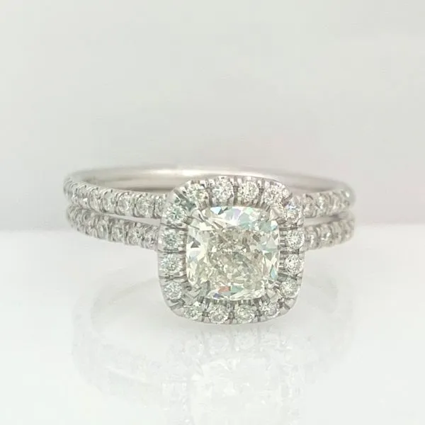 Cushion Halo Engagement Ring and Wedding Band Hingham Jewelers Hingham, MA