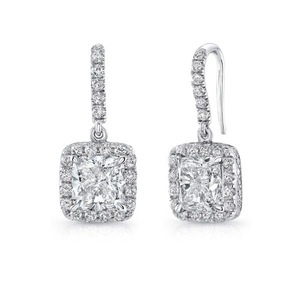 Cushion Cut Diamond Halo Dangle Earrings Hingham Jewelers Hingham, MA