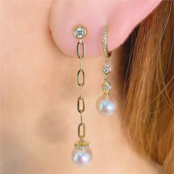 DIamond and Pearl Drop Dangle Earrings Image 2 Hingham Jewelers Hingham, MA