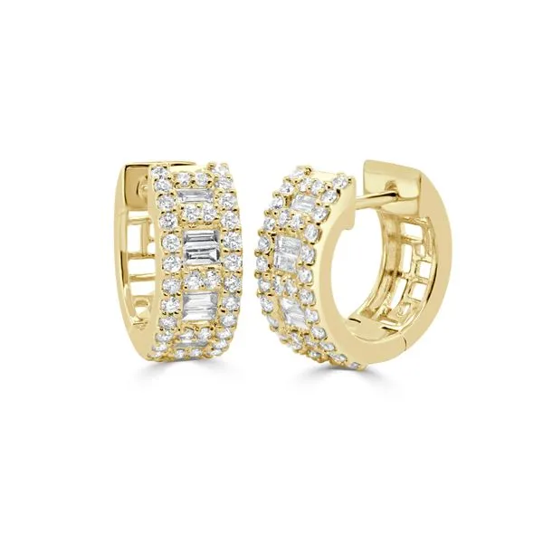 Round and Baguette Diamond Huggie Hoop Earrings Hingham Jewelers Hingham, MA