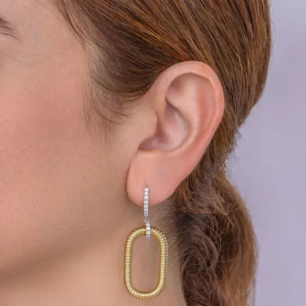 Ribbed Oval Tube Dangle Earrings with Diamond Pave Image 2 Hingham Jewelers Hingham, MA