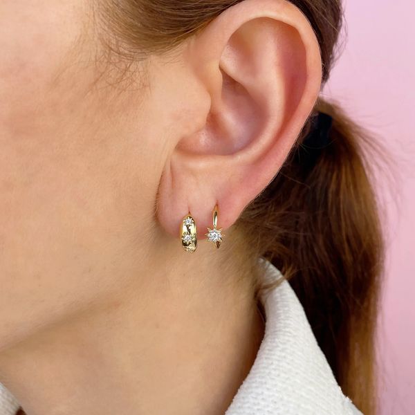 Diamond Starburst Huggie Hoop Earrings Image 2 Hingham Jewelers Hingham, MA