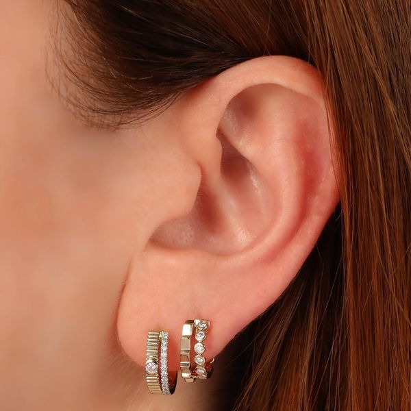 Double Huggie Hoop Earrings with Diamonds Image 2 Hingham Jewelers Hingham, MA