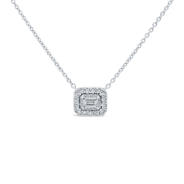 Emerald Cut Diamond Halo Necklace Hingham Jewelers Hingham, MA