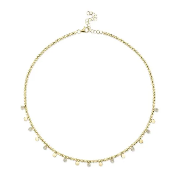 Beaded Diamond Pave and Polished Disc Drop Necklace Hingham Jewelers Hingham, MA