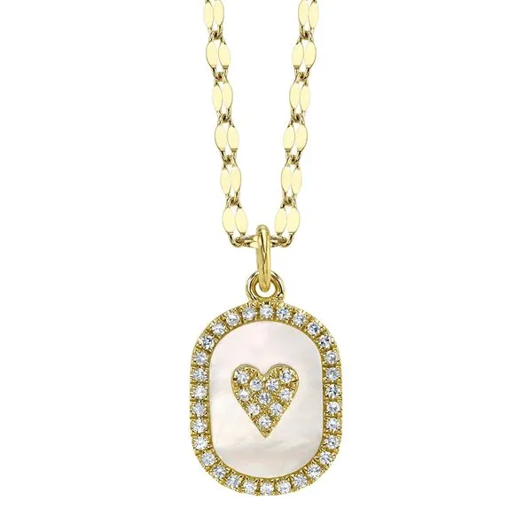 Diamond Pave and Mother of Pearl Heart Medallion Pendant Necklace Hingham Jewelers Hingham, MA