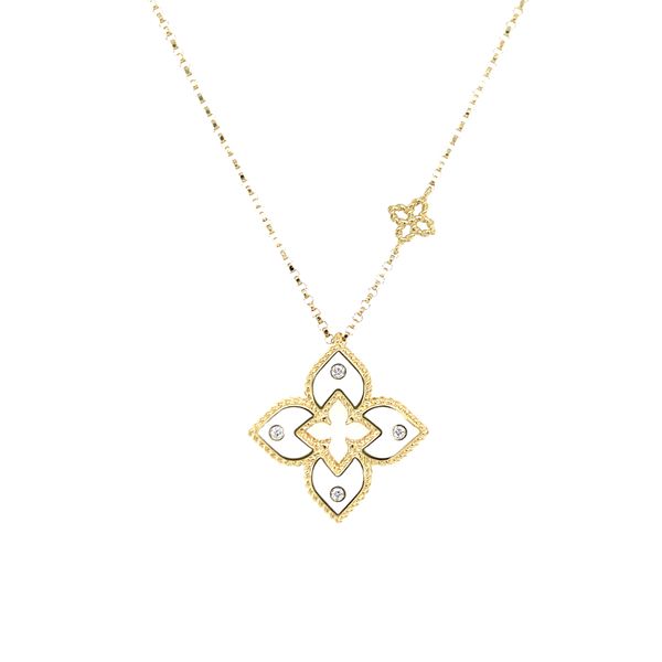 White Enamel and Diamond Venetian Princess Flower Pendant Necklace Hingham Jewelers Hingham, MA