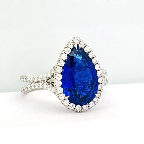 Pear-Shaped Sapphire Halo Ring with Pave Double Shank Hingham Jewelers Hingham, MA
