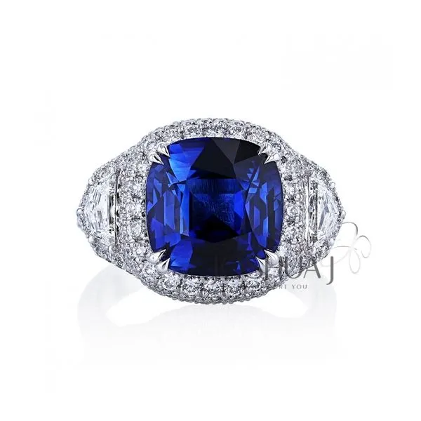 Sapphire Three-Stone Halo Ring Hingham Jewelers Hingham, MA