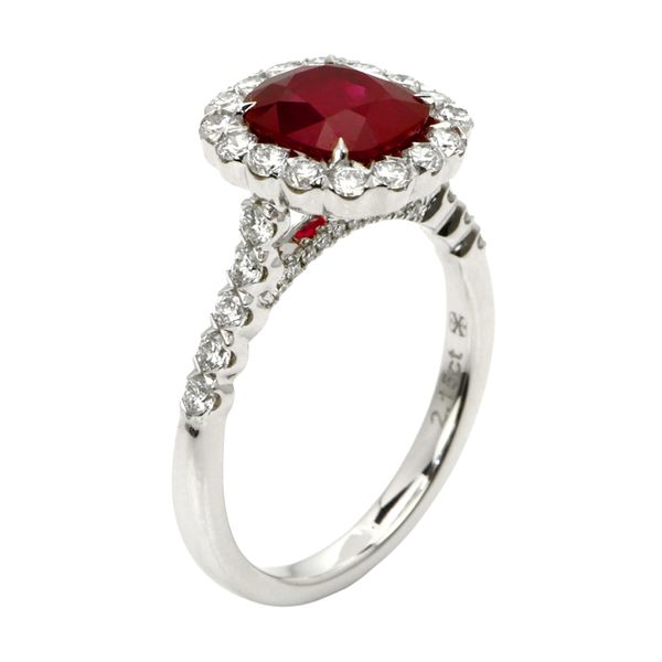 Ruby and Diamond Halo Ring Image 2 Hingham Jewelers Hingham, MA