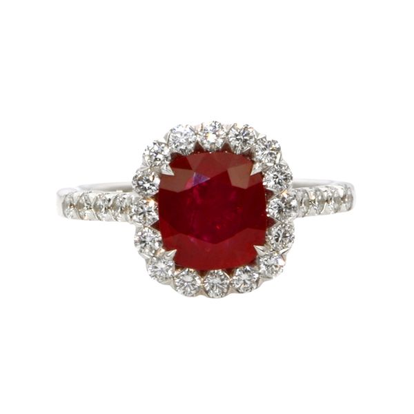 Ruby and Diamond Halo Ring Hingham Jewelers Hingham, MA