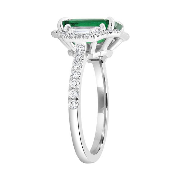 Emerald and Diamond Three-Stone Halo Ring Image 2 Hingham Jewelers Hingham, MA
