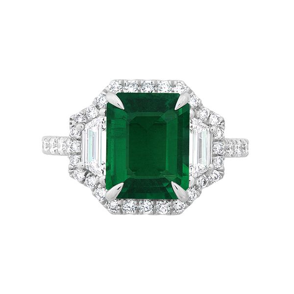 Emerald and Diamond Three-Stone Halo Ring Hingham Jewelers Hingham, MA