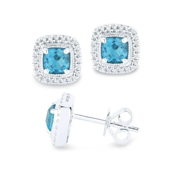 Blue Topaz Cushion Halo Studs Hingham Jewelers Hingham, MA