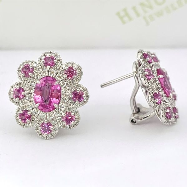 Pink Sapphire and Diamond Cluster Earrings Hingham Jewelers Hingham, MA
