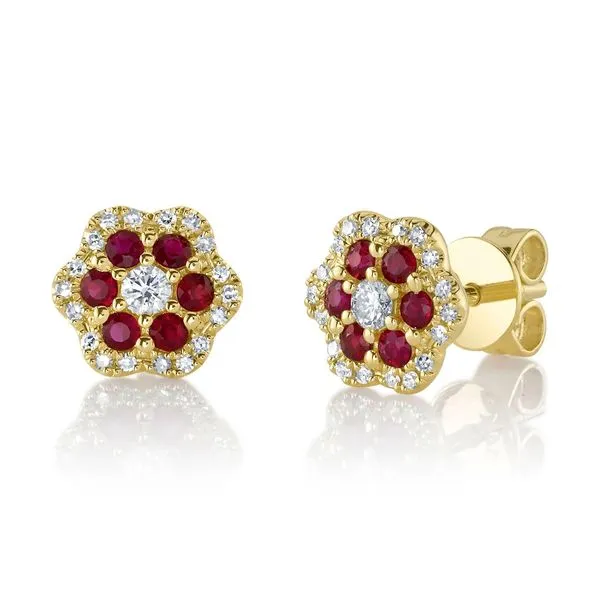 Ruby and Diamond Flower Halo Stud Earrings Hingham Jewelers Hingham, MA