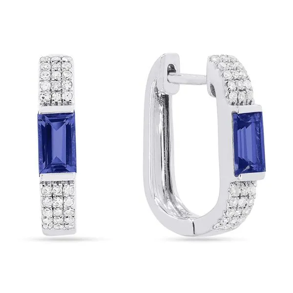 Diamond Pave and Created Sapphire Huggie Hoop Earrings Hingham Jewelers Hingham, MA