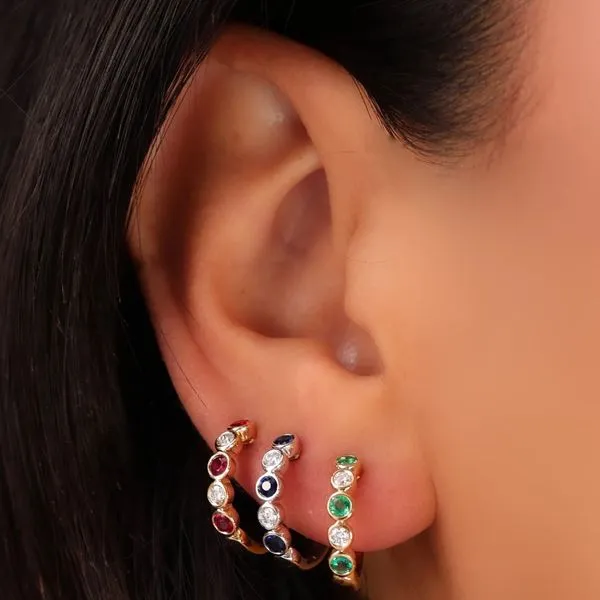 Sapphire and Diamond Bezel Hoop Earrings Image 2 Hingham Jewelers Hingham, MA