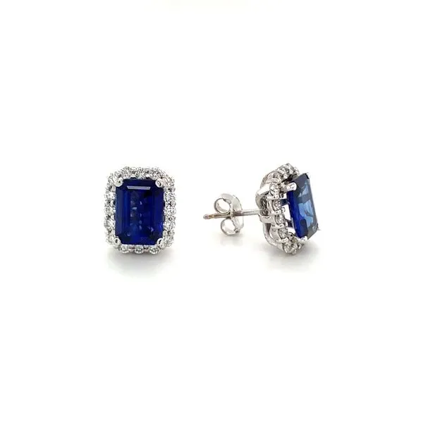 Emerald Cut Sapphire Halo Stud Earrings Image 2 Hingham Jewelers Hingham, MA