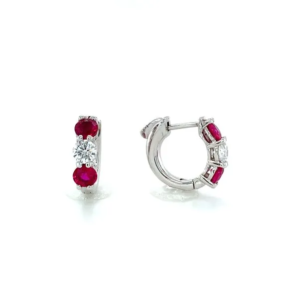 Ruby and Diamond Huggie Hoop Earrings Image 2 Hingham Jewelers Hingham, MA