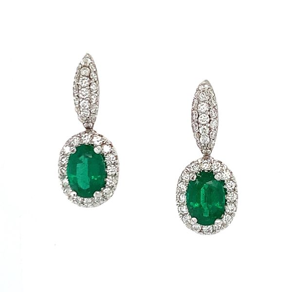 Emerald and Diamond Halo Drop Earrings Hingham Jewelers Hingham, MA