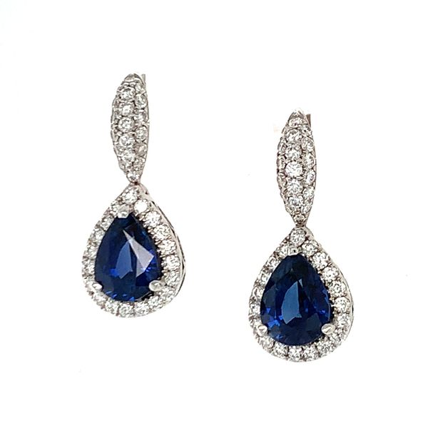 Sapphire and Diamond Halo Drop Earrings Hingham Jewelers Hingham, MA