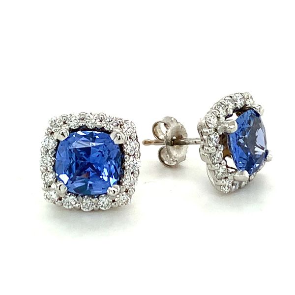 Cushion Sapphire Halo Stud Earrings Hingham Jewelers Hingham, MA