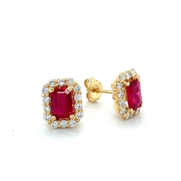Emerald Cut Ruby Halo Stud Earrings Hingham Jewelers Hingham, MA