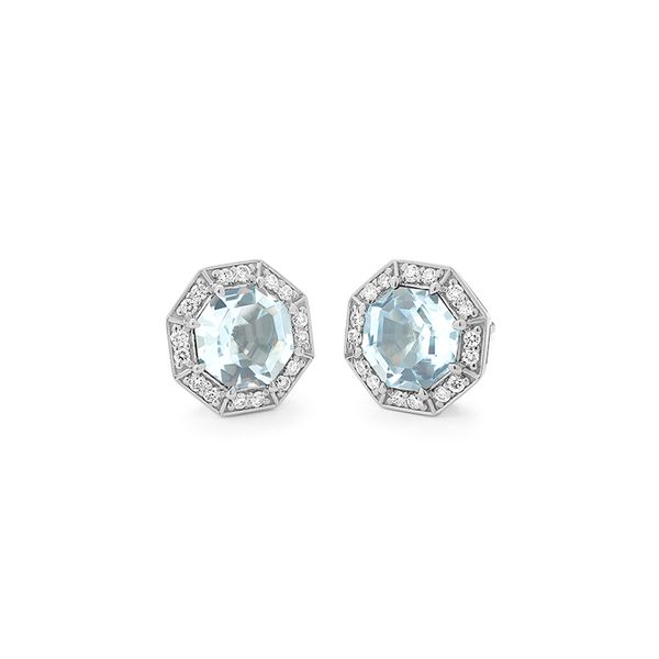 Aquamarine Halo Stud Earrings Image 2 Hingham Jewelers Hingham, MA