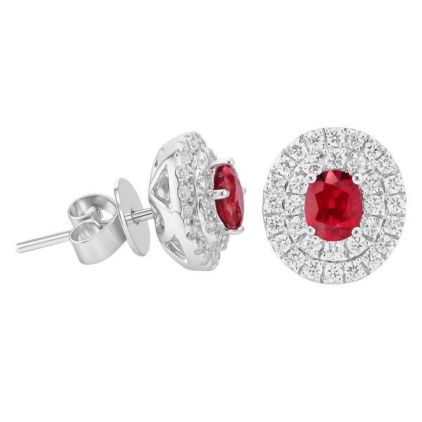Ruby and Diamond Double Halo Stud Earrings Hingham Jewelers Hingham, MA