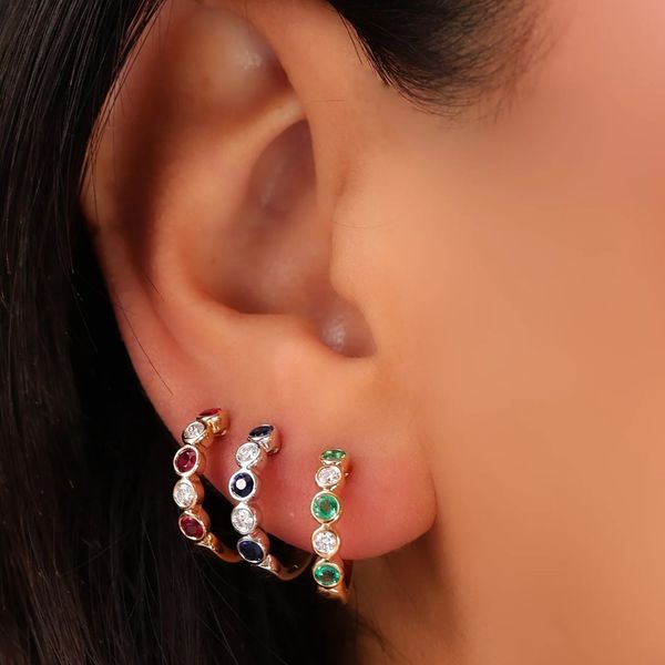 Emerald and Diamond Bezel Huggie Hoop Earrings Image 2 Hingham Jewelers Hingham, MA