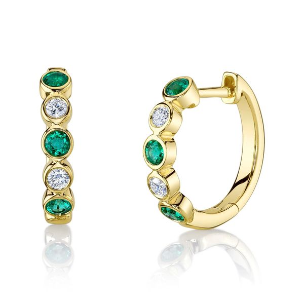 Emerald and Diamond Bezel Huggie Hoop Earrings Hingham Jewelers Hingham, MA