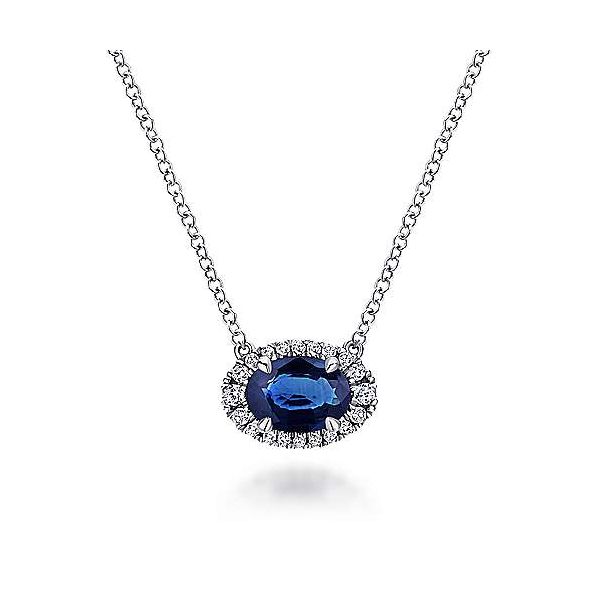 Oval Sapphire and Diamond Halo Pendant Necklace Hingham Jewelers Hingham, MA