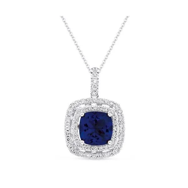 Created Blue Sapphire Double Halo Necklace Hingham Jewelers Hingham, MA