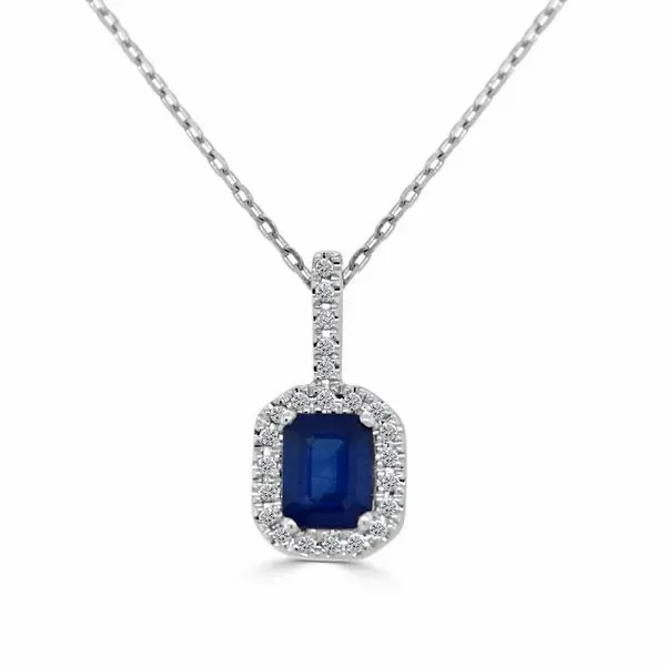 Emerald Cut Sapphire Halo Pendant Necklace Hingham Jewelers Hingham, MA