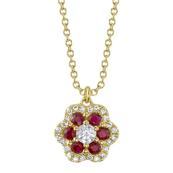 Ruby and Diamond Flower Halo Pendant Necklace Hingham Jewelers Hingham, MA