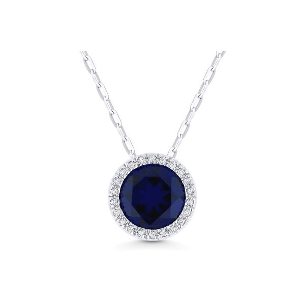 Created Sapphire Halo Necklace Hingham Jewelers Hingham, MA