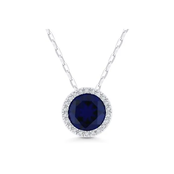 Created Sapphire Halo Pendant Necklace Hingham Jewelers Hingham, MA