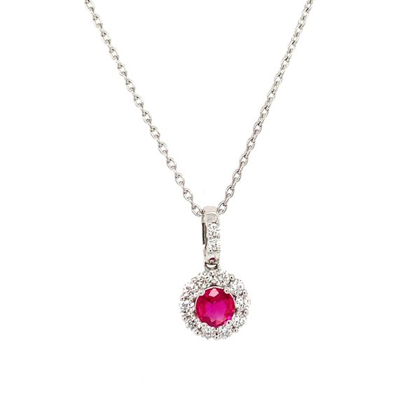 Ruby Halo Pendant Necklace Hingham Jewelers Hingham, MA